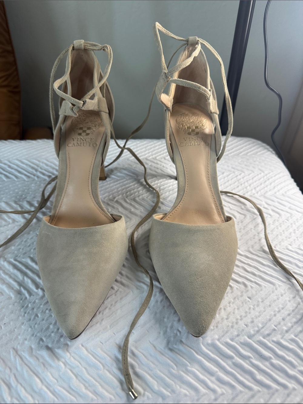Vince Camuto Taupe Lace-Up Pointed-Toe Suede Heels